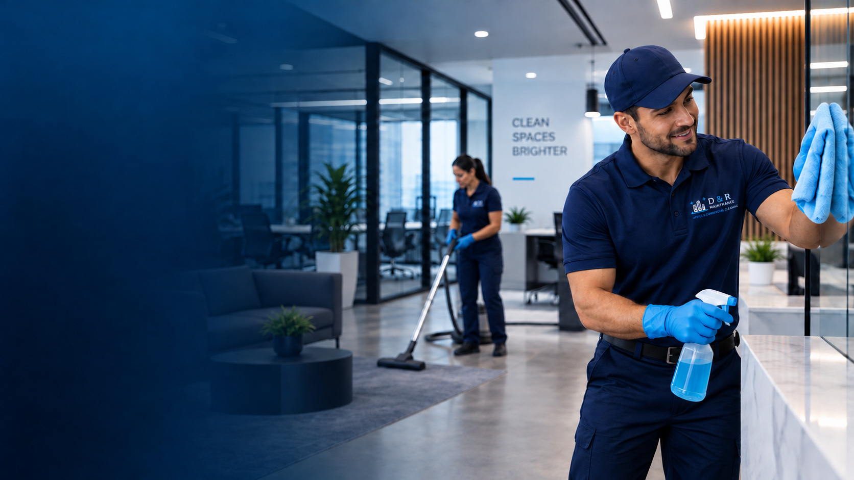 Cleaning crew in an office lobby