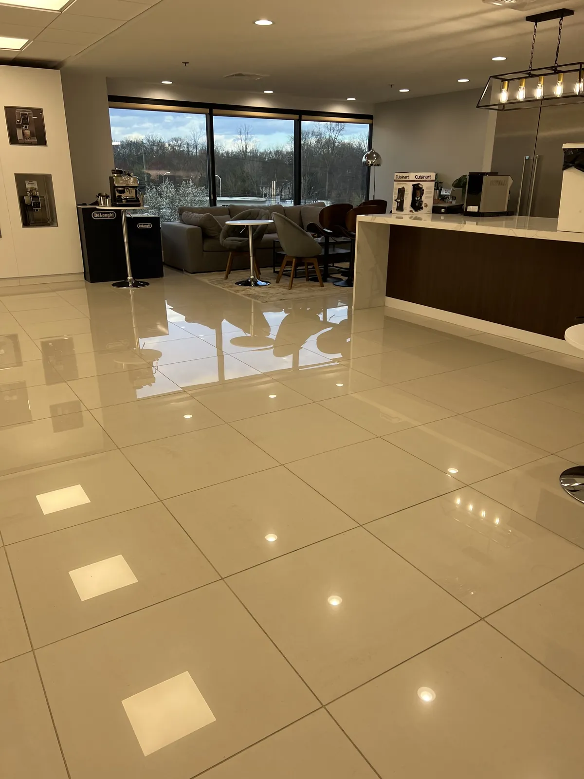 Polished tile floor in a building lobby.