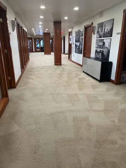 Beige carpet in an office hallway.