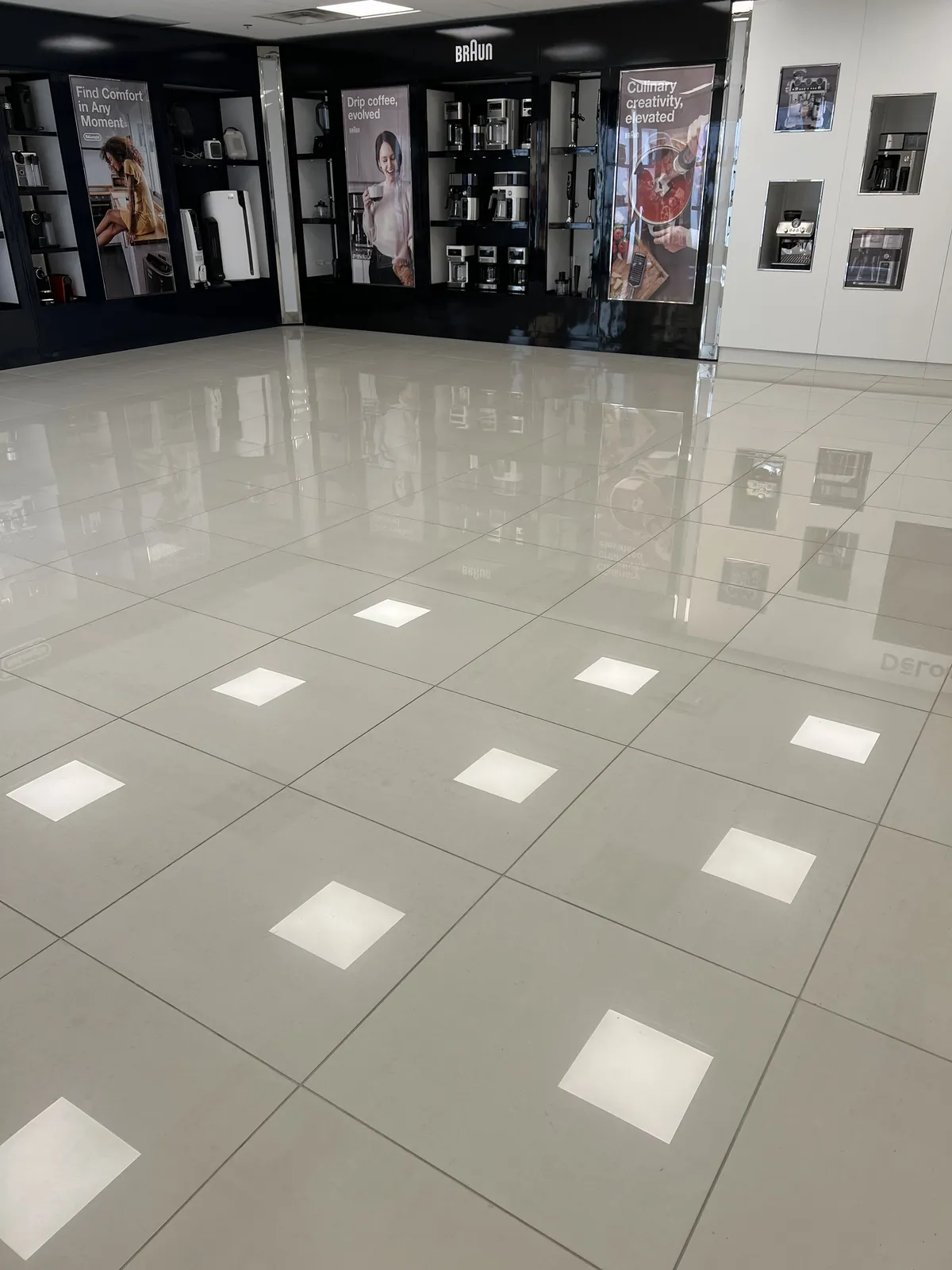 Glossy tile floor in a retail store.